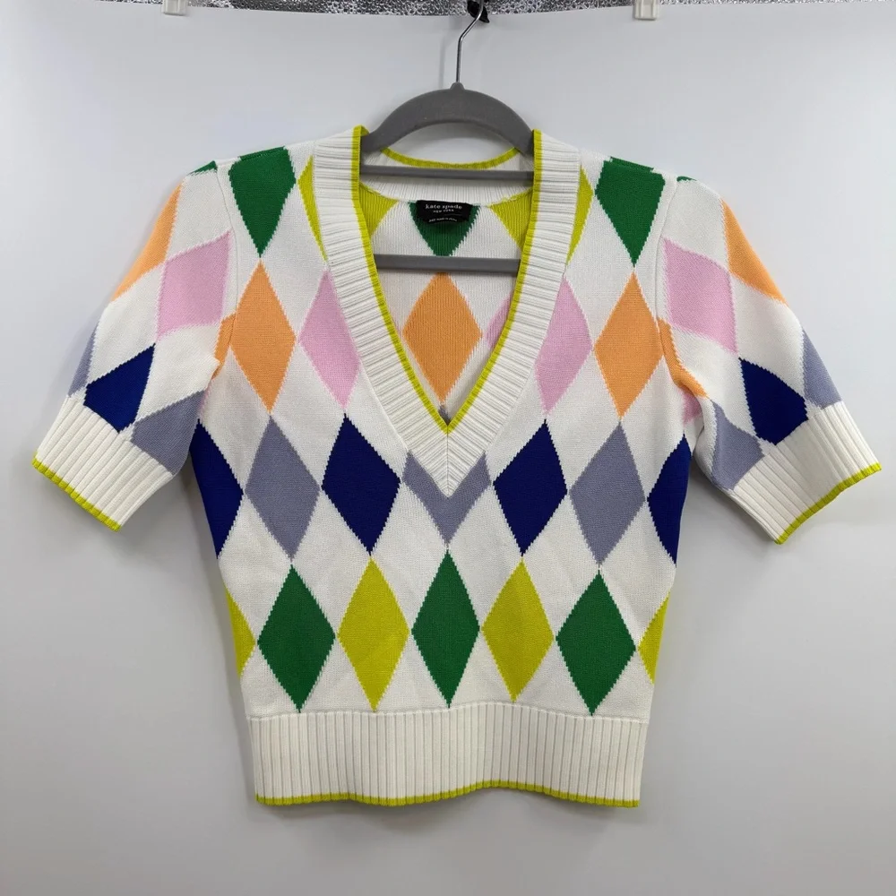 Kate Spade Spring Argyle Sweater XXS Colorful V Neck Short Sleeve Preppy